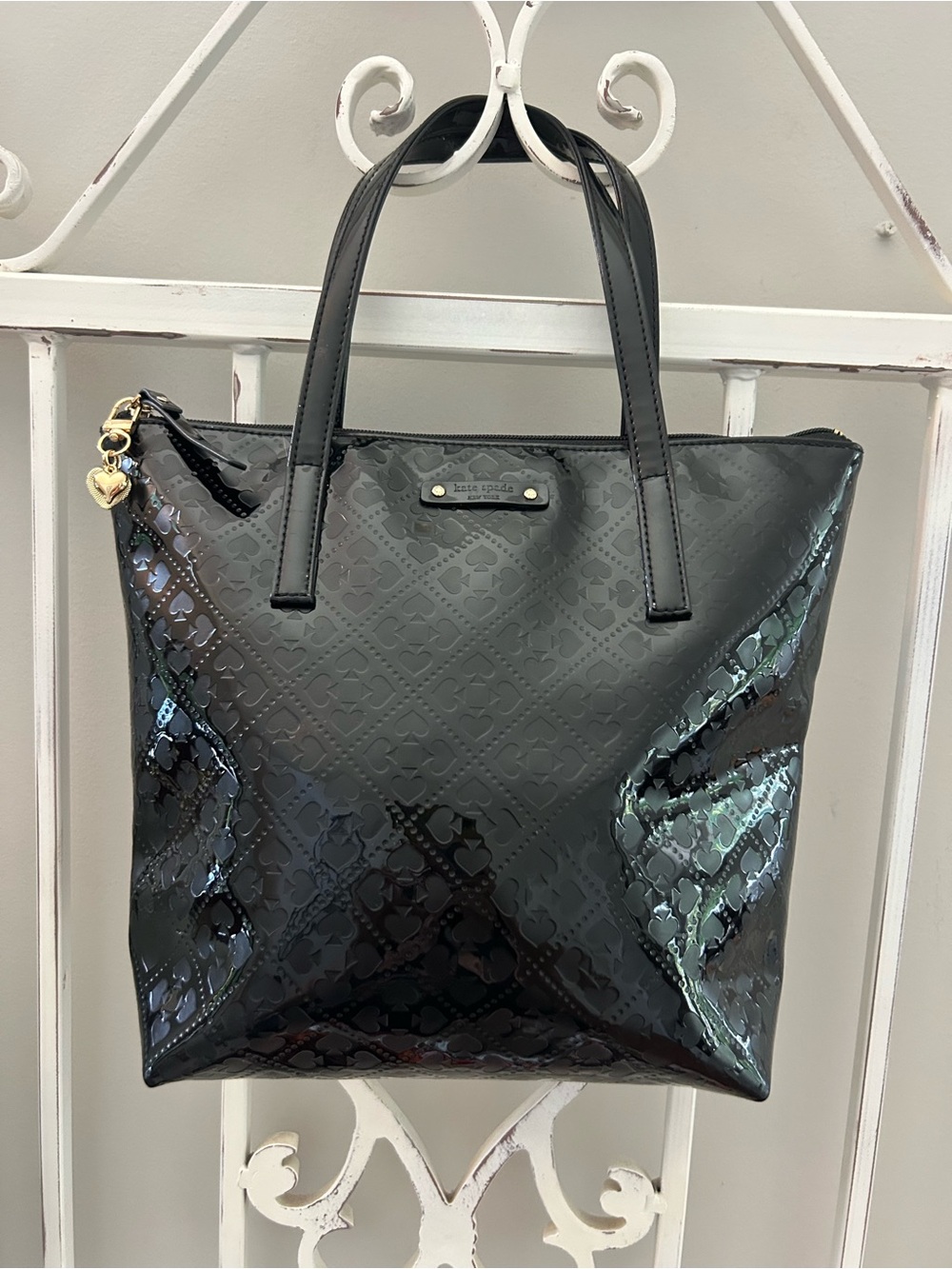 Kate Spade New York Emerald Avenue Jeralyn Black Patent Tote Bag & Heart Charm